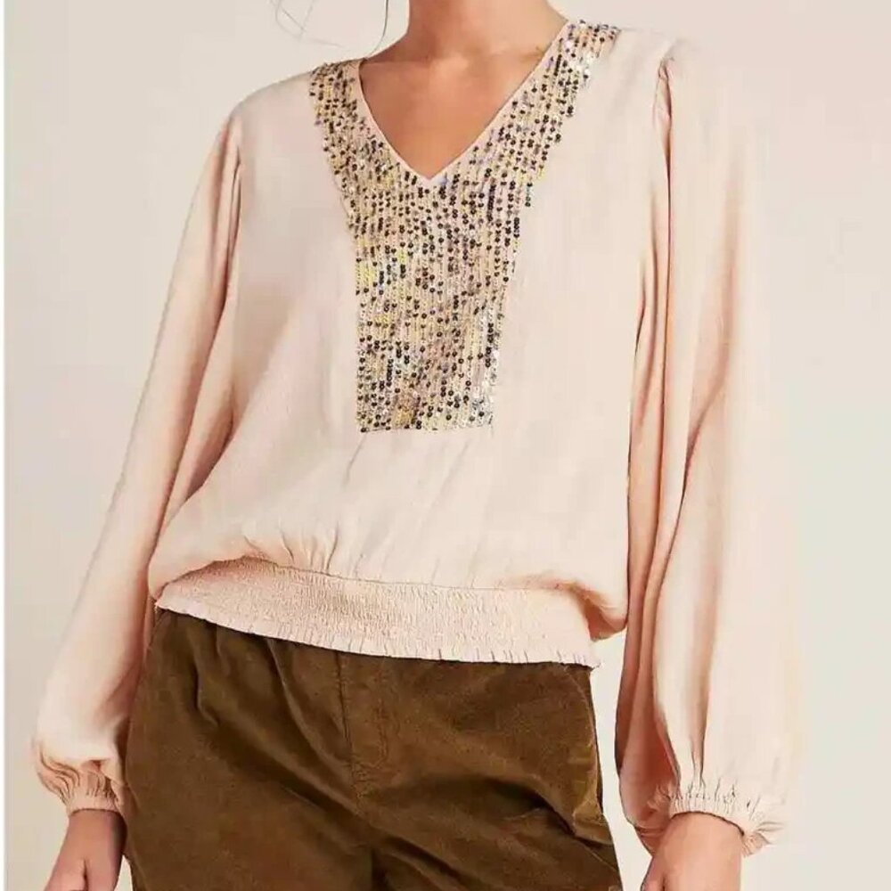 MAEVE ANTHROPOLOGIE Sequin V-Neck Smocked Hem Boho Top